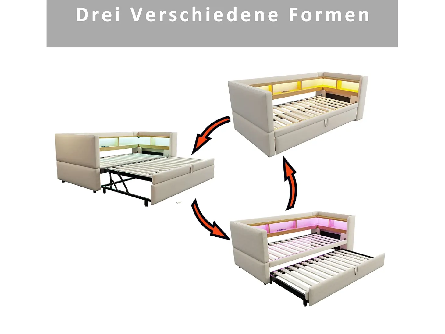 Sofá-cama conversível de 2 lugares, 180 x 190 cm, com LED e USB, estofado com espaço de armazenamento, bege.