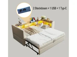 Sofá-cama conversível de 2 lugares, 180 x 190 cm, com LED e USB, estofado com espaço de armazenamento, bege.