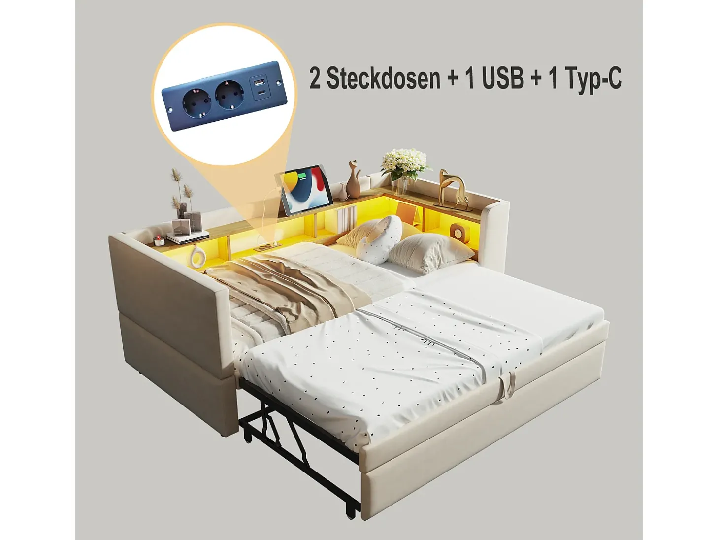 Sofá-cama conversível de 2 lugares, 180 x 190 cm, com LED e USB, estofado com espaço de armazenamento, bege.