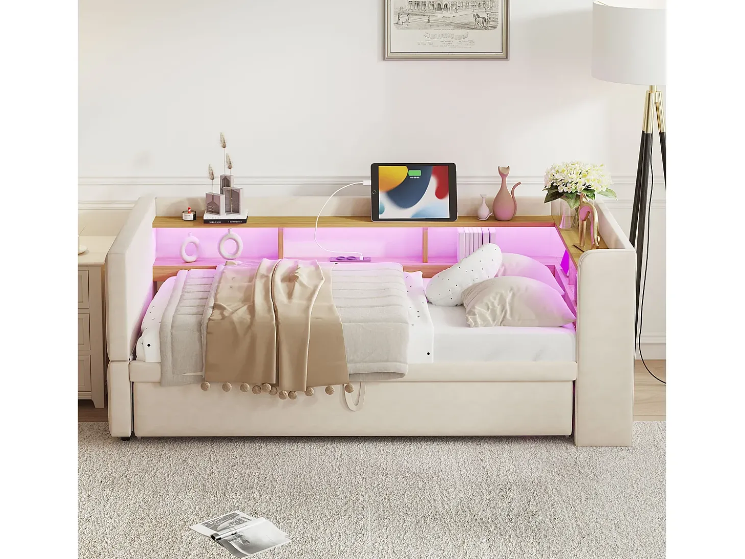 Sofá-cama conversível de 2 lugares, 180 x 190 cm, com LED e USB, estofado com espaço de armazenamento, bege.