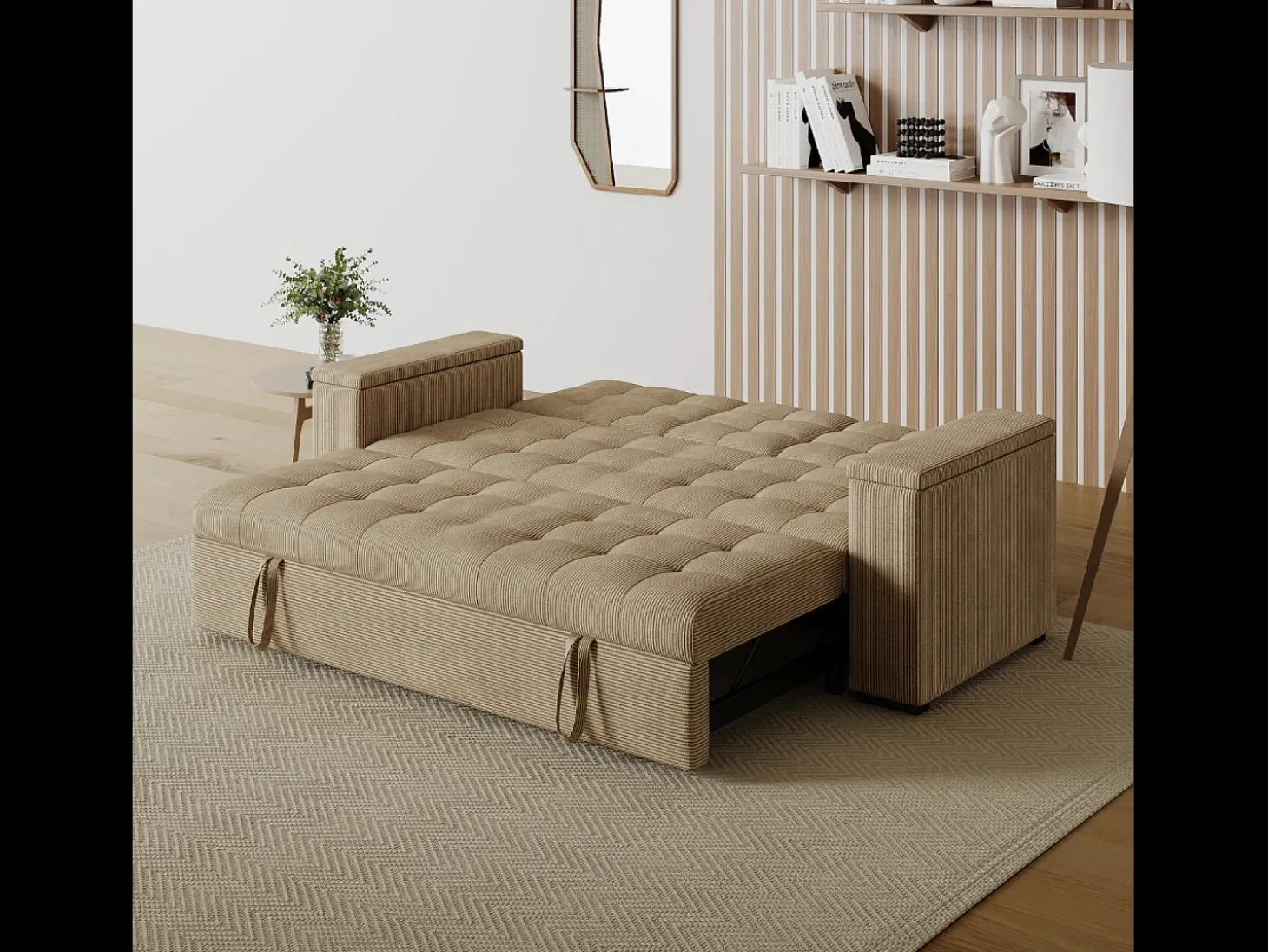 Sofá-Cama Conversível de 3 Lugares Modular em Veludo Cotelê Bege NOHO