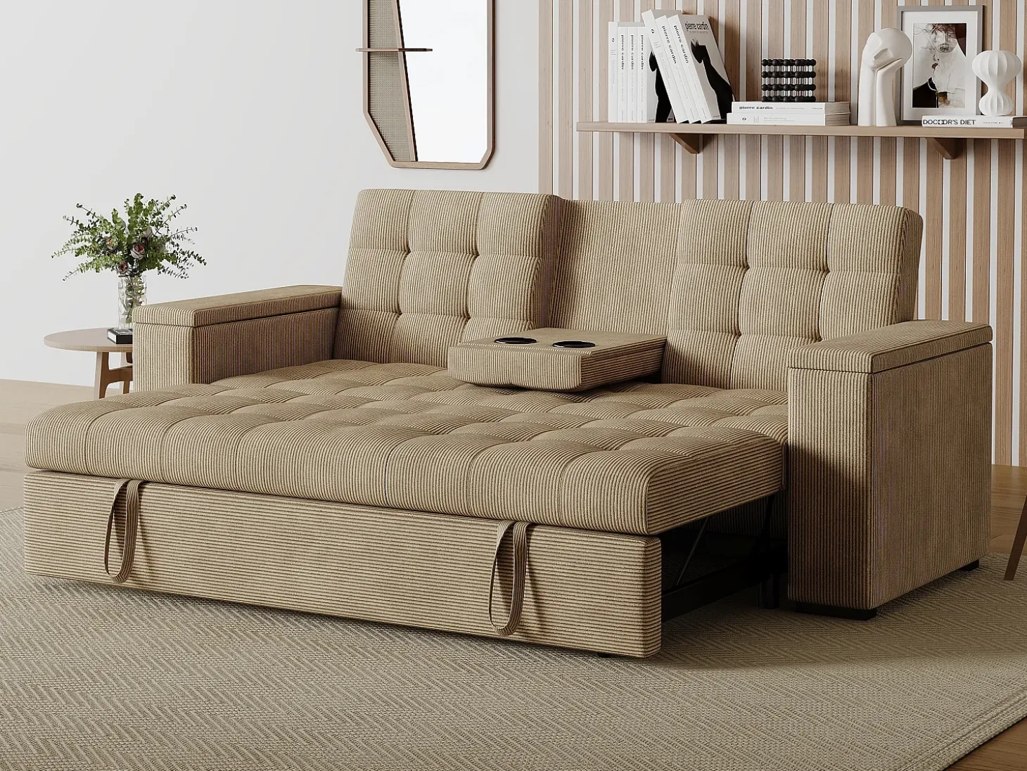 Sofá-Cama Conversível de 3 Lugares Modular em Veludo Cotelê Bege NOHO