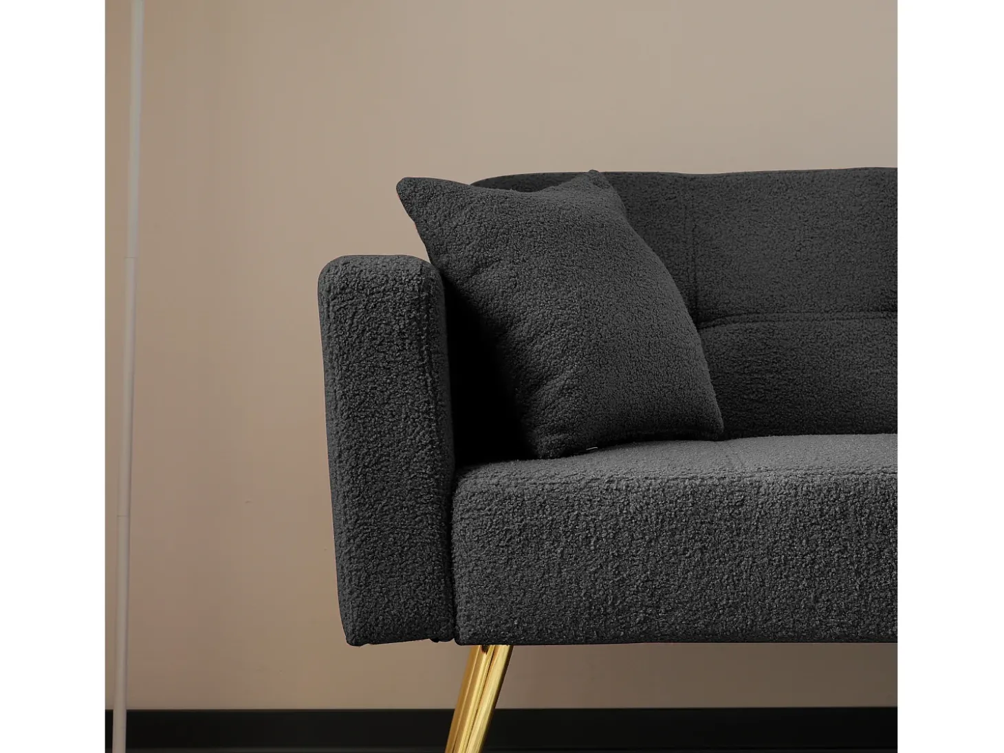 Sofá-cama conversível de 2 lugares em tecido Sherpa - 175 x 64 x 72 cm - Pernas de metal dourado - Cinza