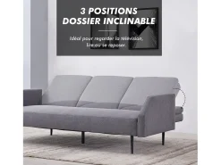 Sofá-cama conversível de 3 lugares cinza em tecido Dublin com braços removíveis