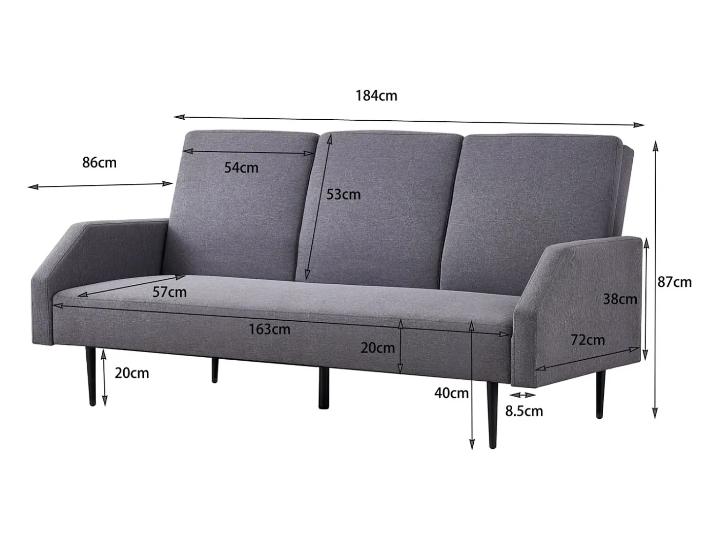 Sofá-cama conversível de 3 lugares cinza em tecido Dublin com braços removíveis