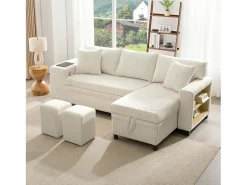 Sofá-cama conversível de 3 lugares - 231 x 131,5 x 84 cm - com USB + almofadas + armazenamento - veludo - bege