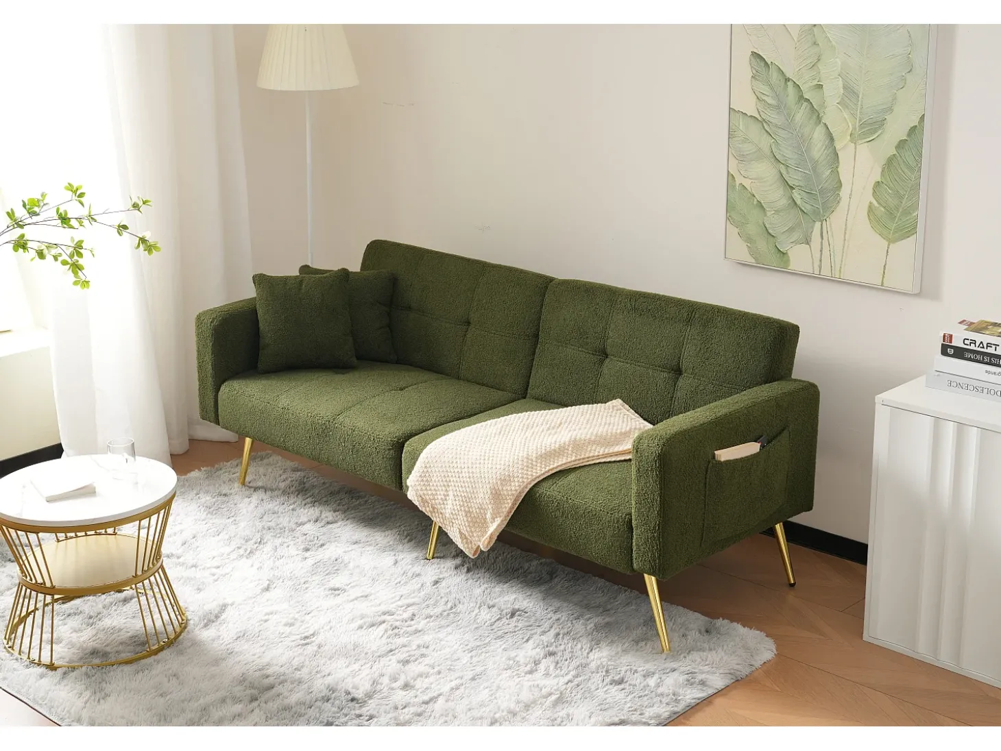 Sofá-cama conversível de 2 lugares em tecido Sherpa - 175 x 64 x 72 cm - Pernas de metal dourado - Verde