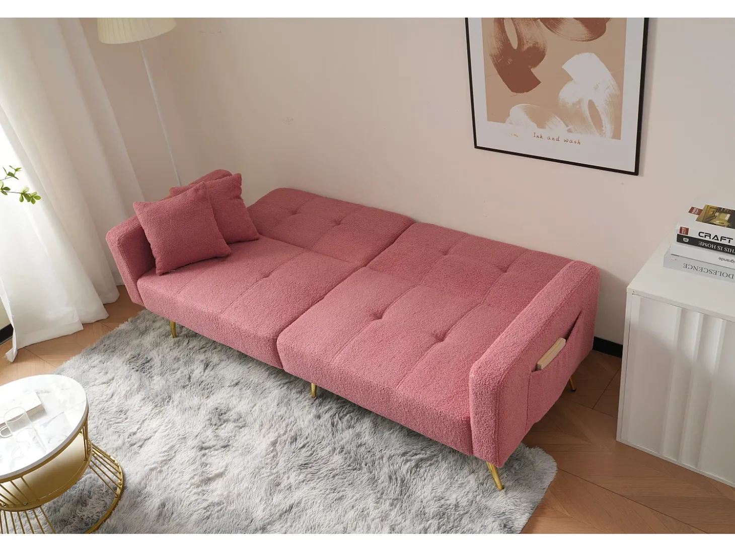 Sofá-cama conversível de 2 lugares em tecido Sherpa - 175 x 64 x 72 cm - Pernas de metal dourado - Rosa
