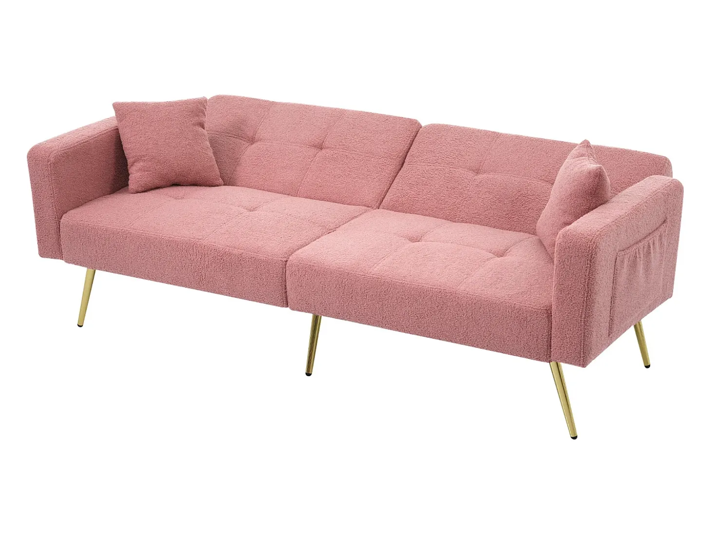 Sofá-cama conversível de 2 lugares em tecido Sherpa - 175 x 64 x 72 cm - Pernas de metal dourado - Rosa