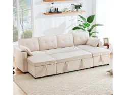 Sofá-cama conversível em U - 270 x 130 x 86 cm - 4 lugares - com porta-copos + armazenamento - algodão + linho - bege