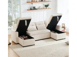 Sofá-cama conversível em U - 270 x 130 x 86 cm - 4 lugares - com porta-copos + armazenamento - algodão + linho - bege
