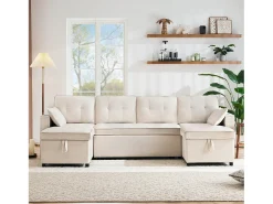 Sofá-cama conversível em U - 270 x 130 x 86 cm - 4 lugares - com porta-copos + armazenamento - algodão + linho - bege
