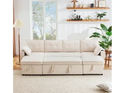 Sofá-cama conversível em U - 270 x 130 x 86 cm - 4 lugares - com porta-copos + armazenamento - algodão + linho - bege