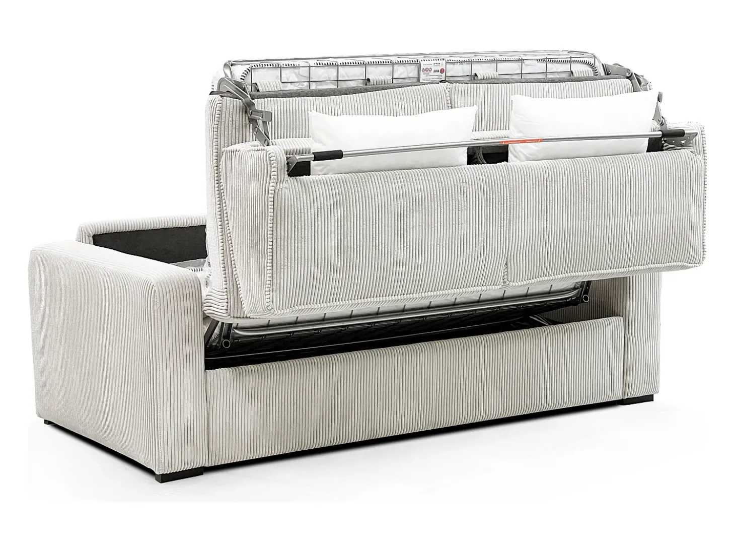 Sofá-cama conversível Express em veludo cotelê bege, com estrado de ripas de 160 cm e 16 cm de espessura, MONDOVI