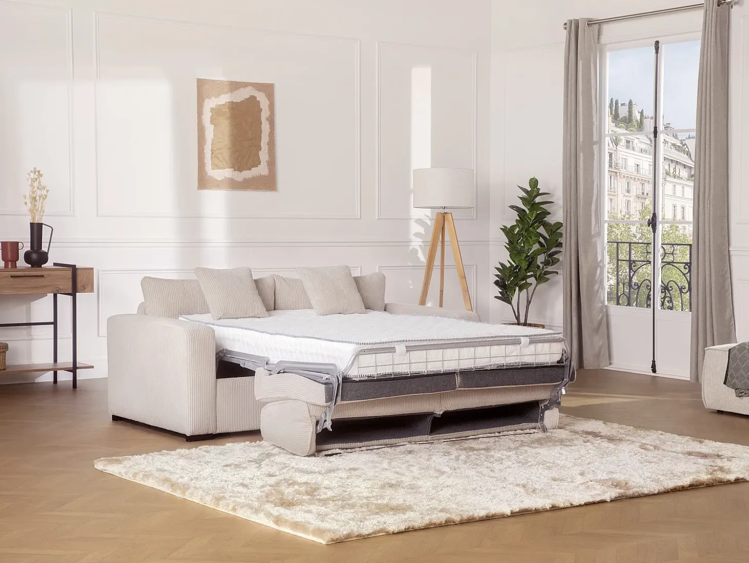 Sofá-cama conversível Express em veludo cotelê bege, com estrado de ripas de 160 cm e 16 cm de espessura, MONDOVI