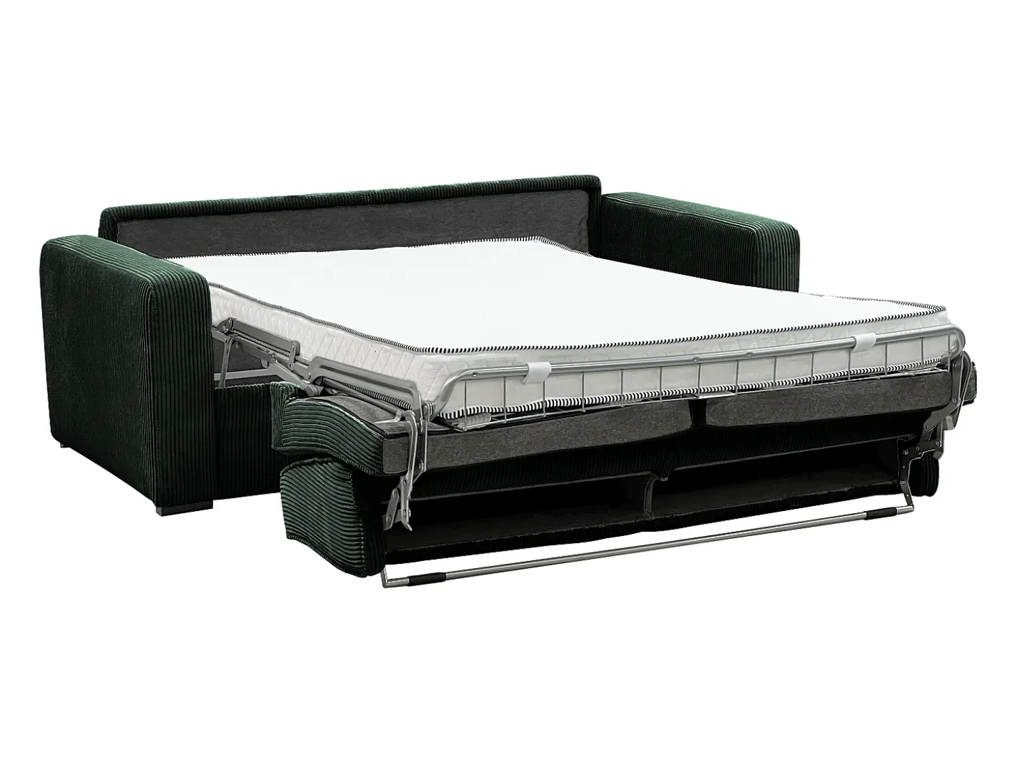 Sofá-cama conversível MONDOVI Express em veludo cotelê verde com estrado de ripas, 160 cm de largura, 16 cm de espessura.