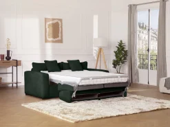 Sofá-cama conversível MONDOVI Express em veludo cotelê verde com estrado de ripas, 160 cm de largura, 16 cm de espessura.