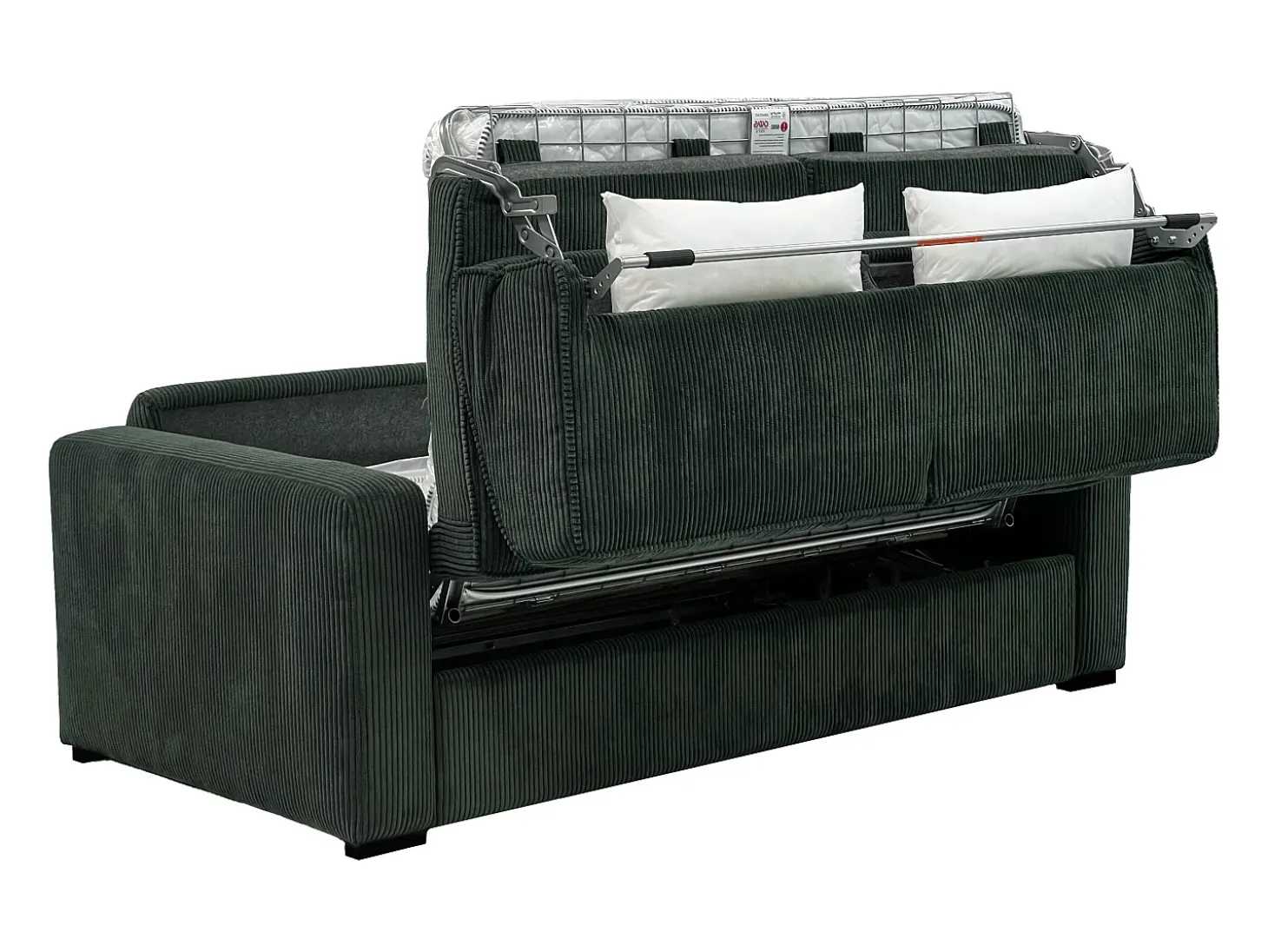 Sofá-cama conversível MONDOVI Express em veludo cotelê verde com estrado de ripas, 160 cm de largura, 16 cm de espessura.