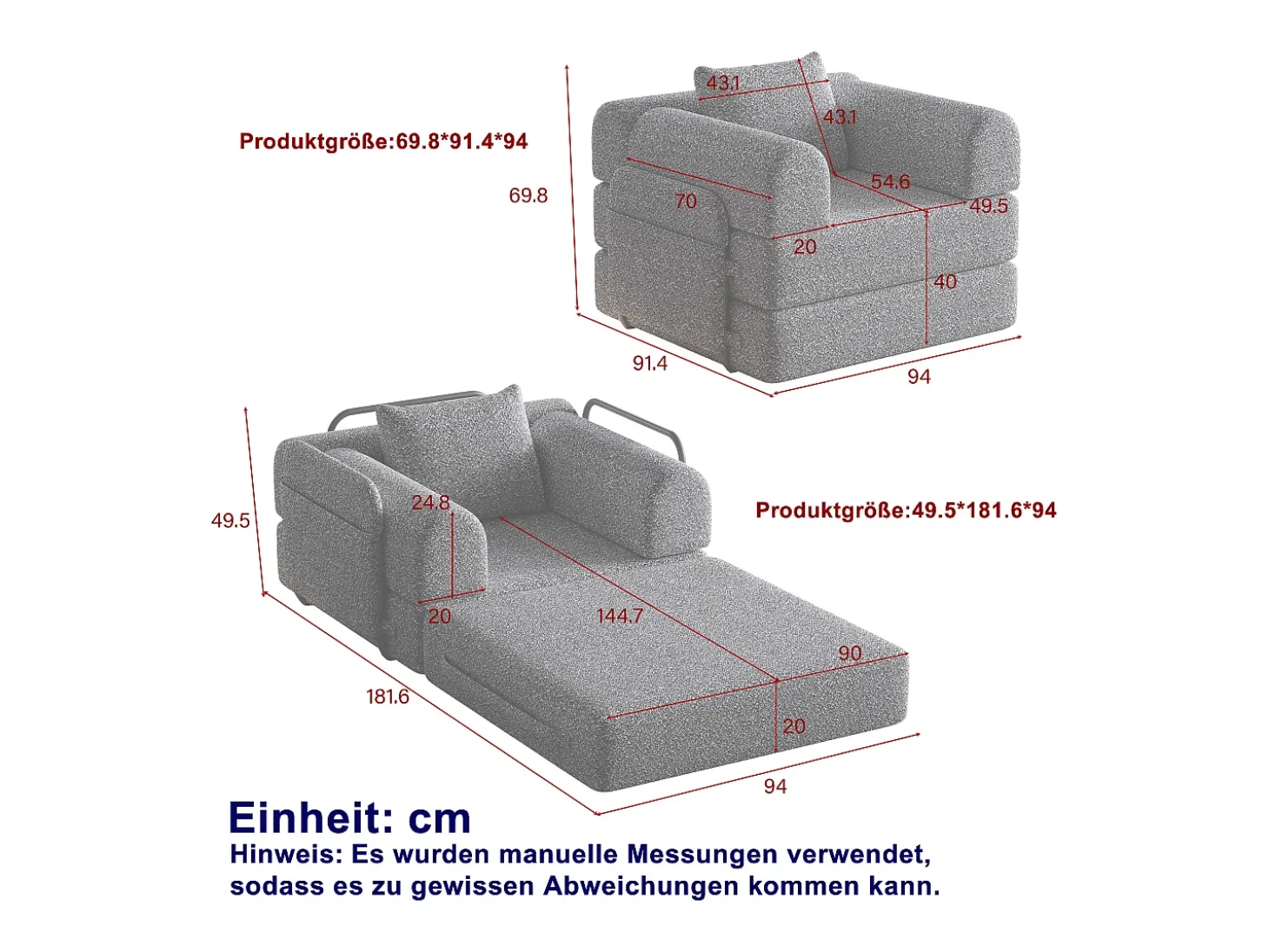 Sofá-cama convertível - Um lugar - Tecido chenille cinzento
