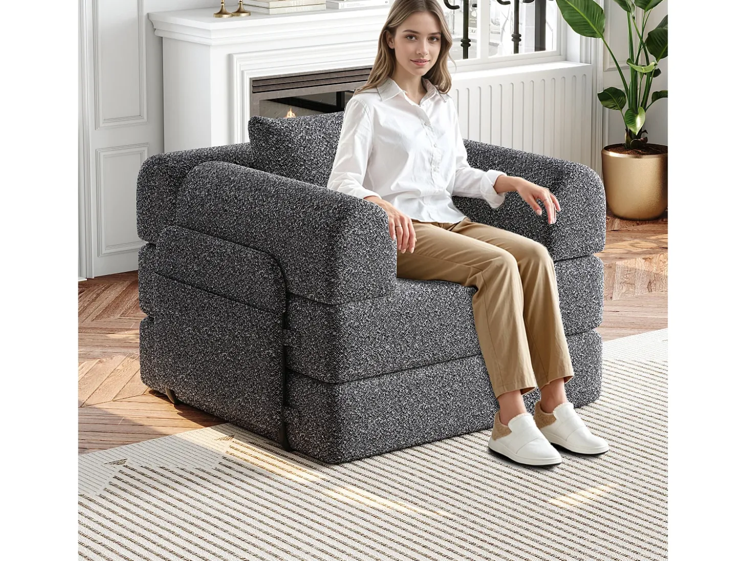 Sofá-cama convertível - Um lugar - Tecido chenille cinzento