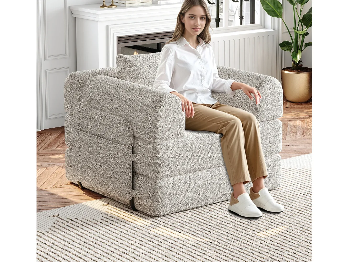 Sofá-cama convertível - Um lugar - Tecido chenille caqui