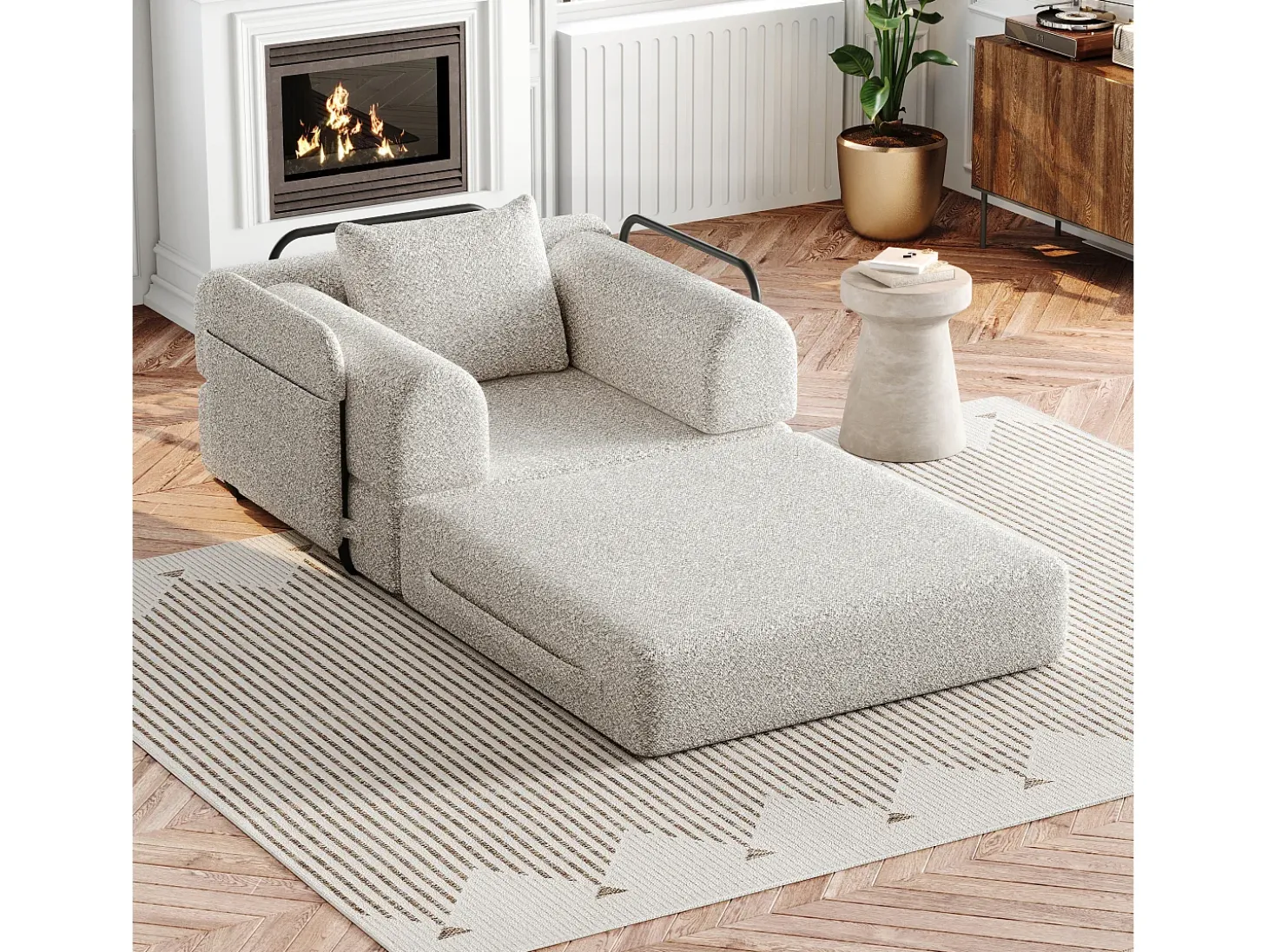 Sofá-cama convertível - Um lugar - Tecido chenille caqui
