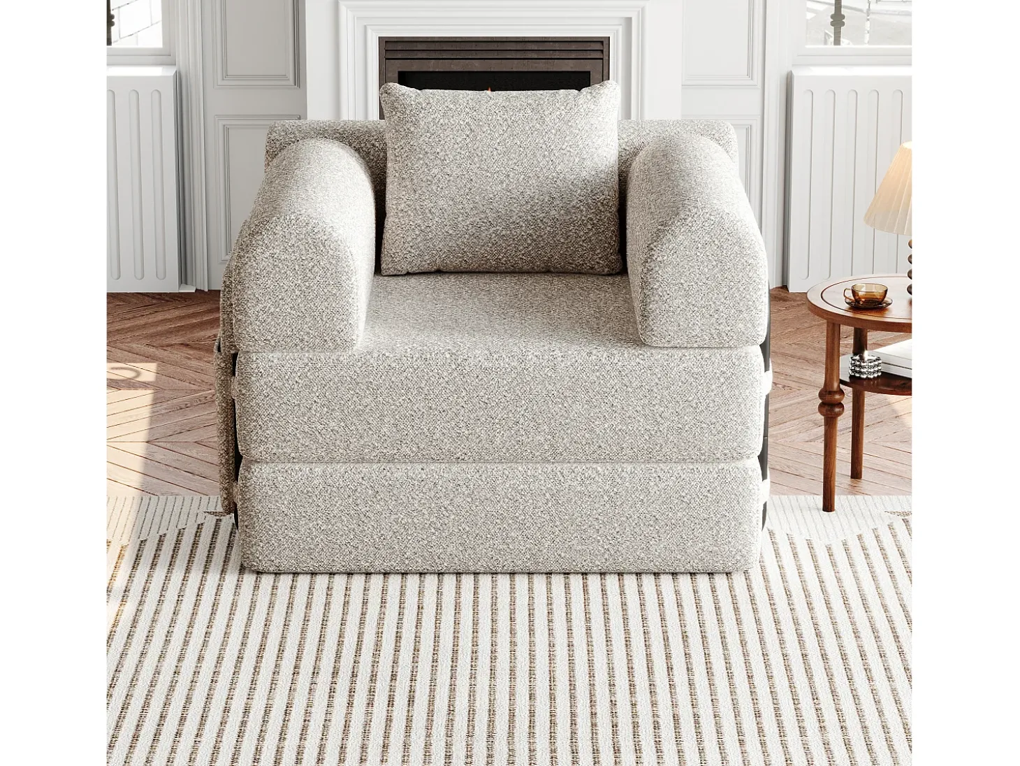Sofá-cama convertível - Um lugar - Tecido chenille caqui