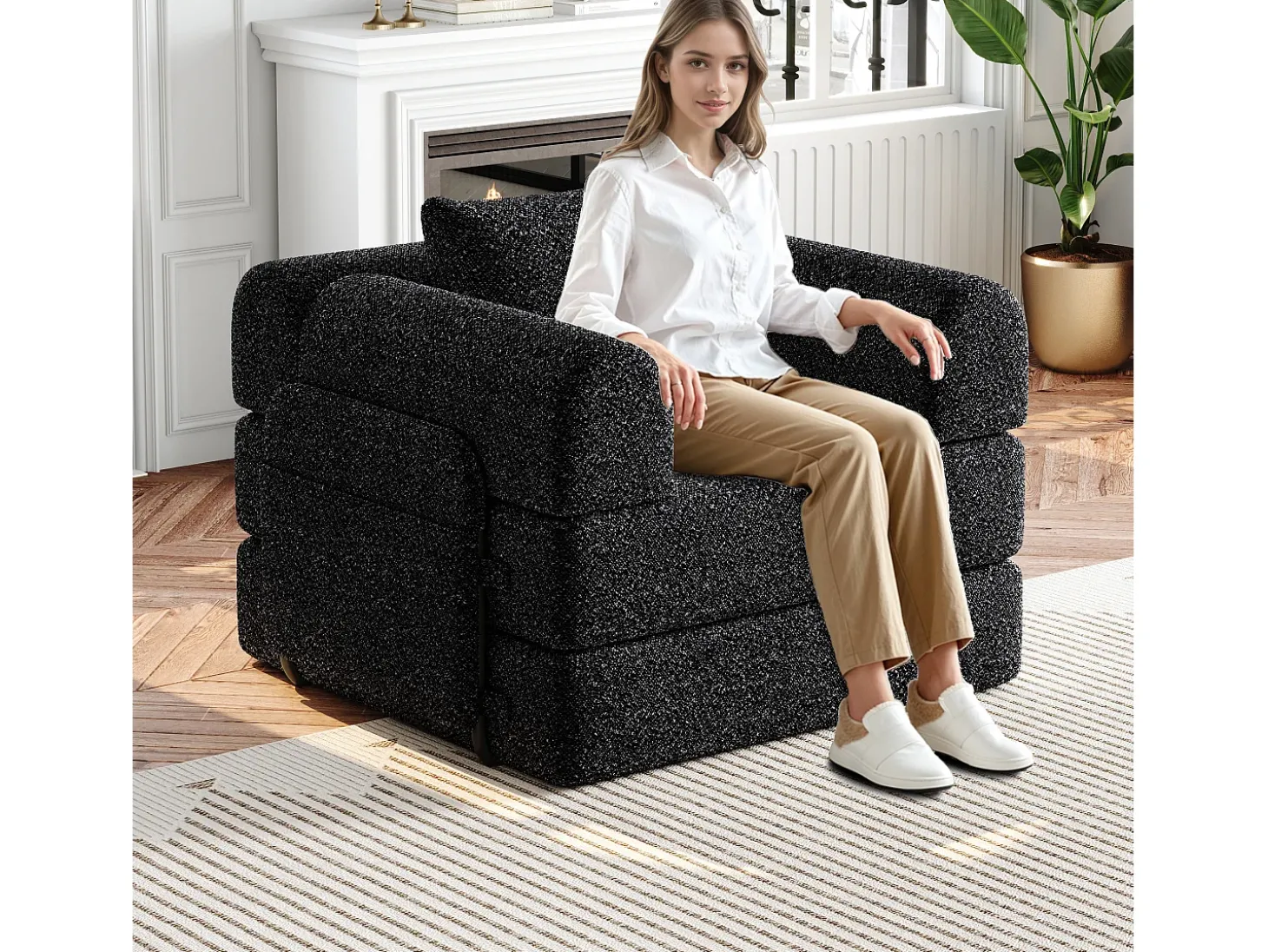 Sofá-cama convertível - Um lugar - Tecido chenille preto