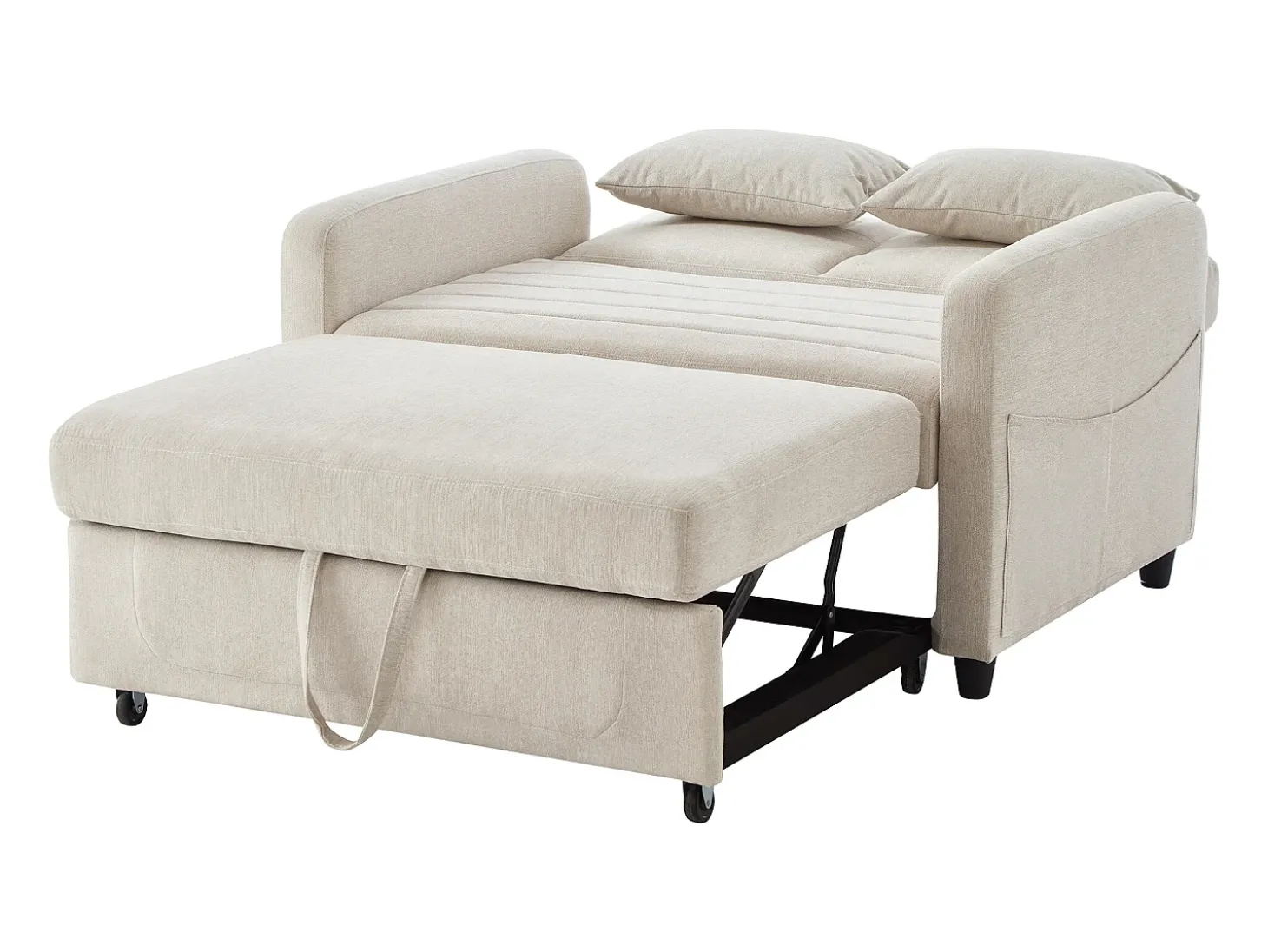 Sofá-cama convertível bege de 2 lugares - Encosto ajustável em 3 posições - Tecido de algodão e linho