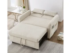 Sofá-cama convertível bege de 2 lugares - Encosto ajustável em 3 posições - Tecido de algodão e linho