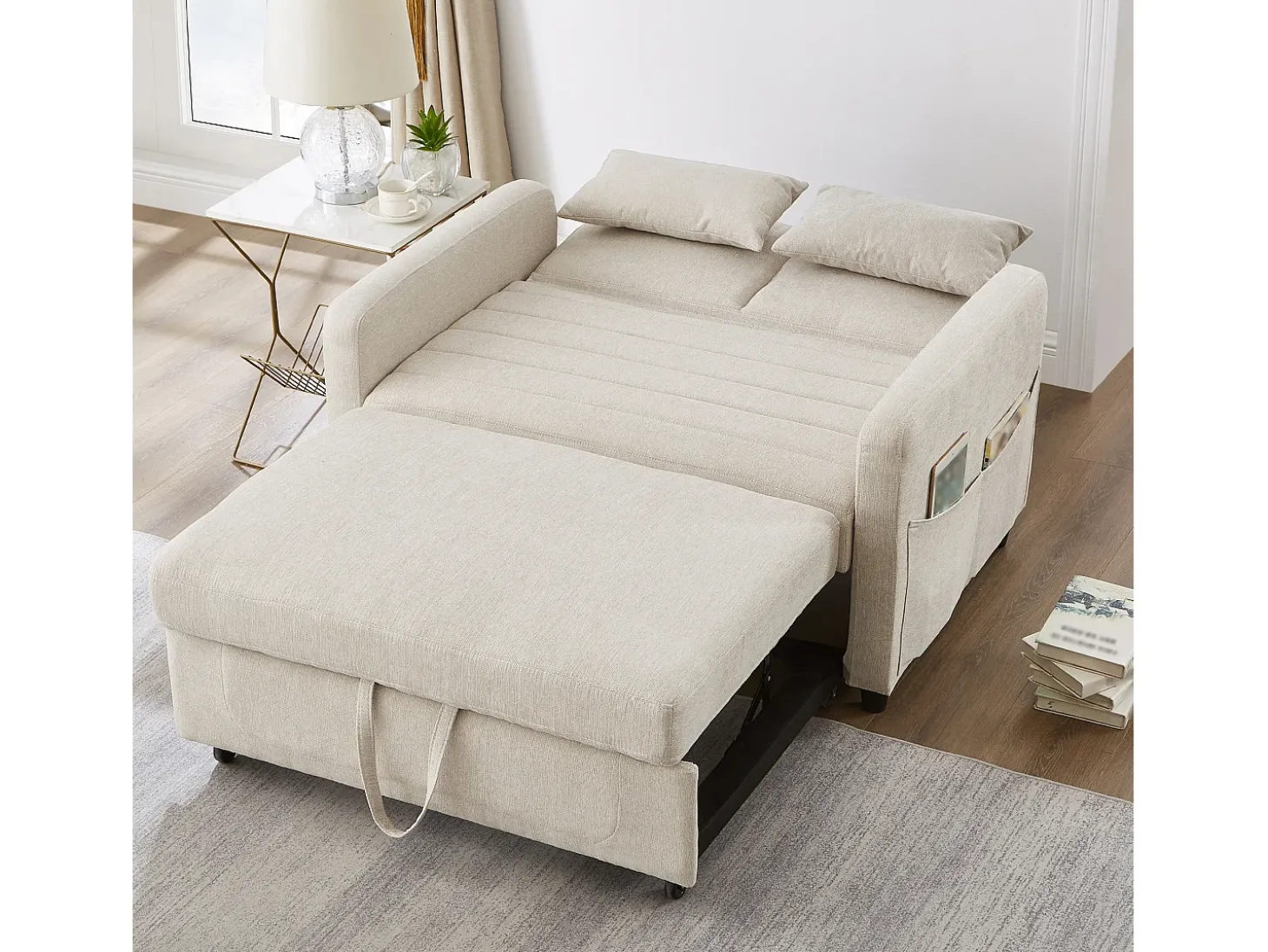 Sofá-cama convertível bege de 2 lugares - Encosto ajustável em 3 posições - Tecido de algodão e linho