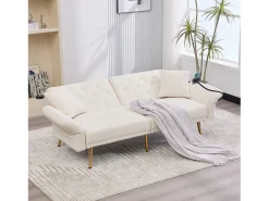 Sofá-cama convertível bege de 2 lugares com 2 portas USB, suporte para telemóvel e bolsos laterais 173x78x78cm
