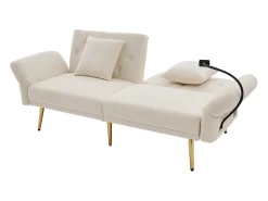 Sofá-cama convertível bege de 2 lugares com 2 portas USB, suporte para telemóvel e bolsos laterais 173x78x78cm