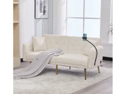 Sofá-cama convertível bege de 2 lugares com 2 portas USB, suporte para telemóvel e bolsos laterais 173x78x78cm
