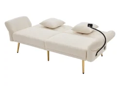 Sofá-cama convertível bege de 2 lugares com 2 portas USB, suporte para telemóvel e bolsos laterais 173x78x78cm