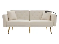 Sofá-cama convertível bege de 2 lugares com 2 portas USB, suporte para telemóvel e bolsos laterais 173x78x78cm