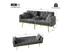 Sofá-cama convertível de 2 lugares - Suporte para copos, 2 apoios lombares e bolsos laterais - Veludo cinzento