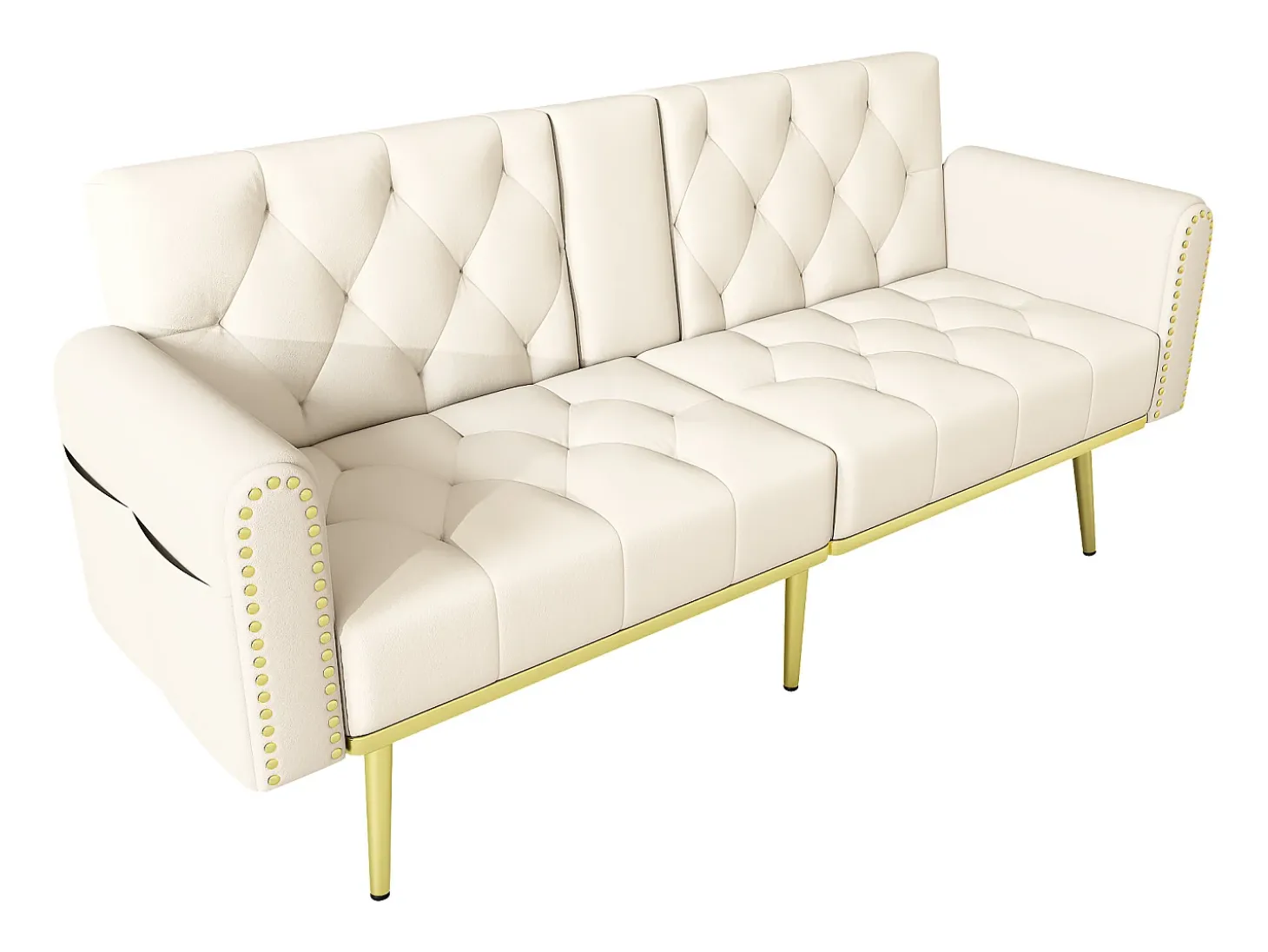 Sofá-cama convertível de 2 lugares - Suporte para copos, 2 apoios lombares e bolsos laterais - Veludo bege