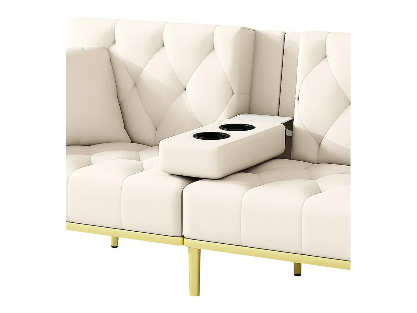 Sofá-cama convertível de 2 lugares - Suporte para copos, 2 apoios lombares e bolsos laterais - Veludo bege