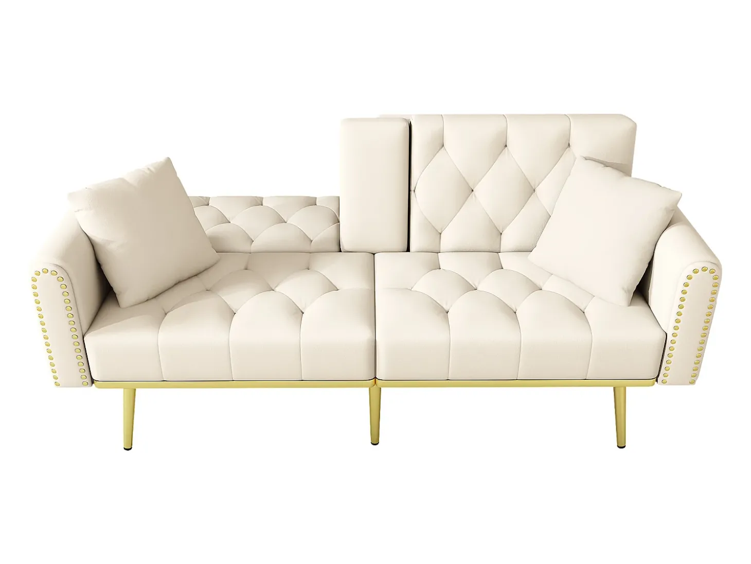 Sofá-cama convertível de 2 lugares - Suporte para copos, 2 apoios lombares e bolsos laterais - Veludo bege