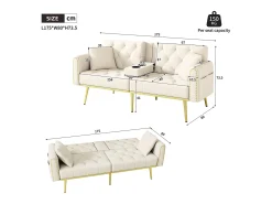 Sofá-cama convertível de 2 lugares - Suporte para copos, 2 apoios lombares e bolsos laterais - Veludo bege