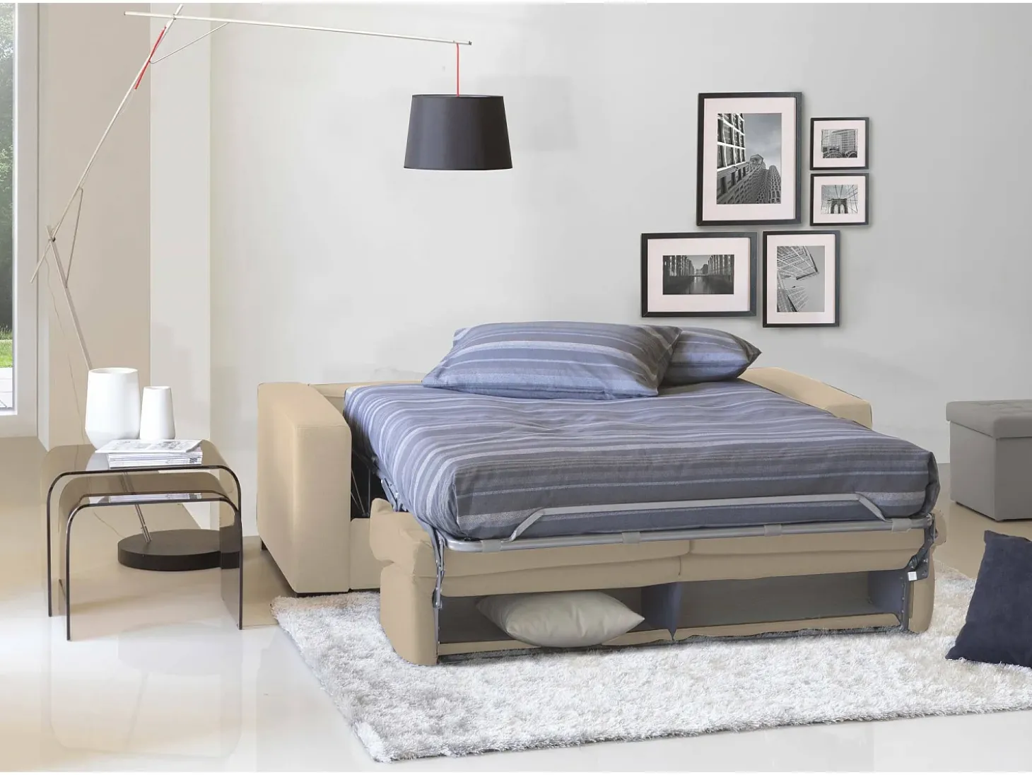 Sofá-cama Daaze, sofá de 2 lugares, 100% Fabricado na Itália, Sofá da sala com abertura giratória, em tecido acolchoado, com braços padrão, 180x95h90 cm, Bege