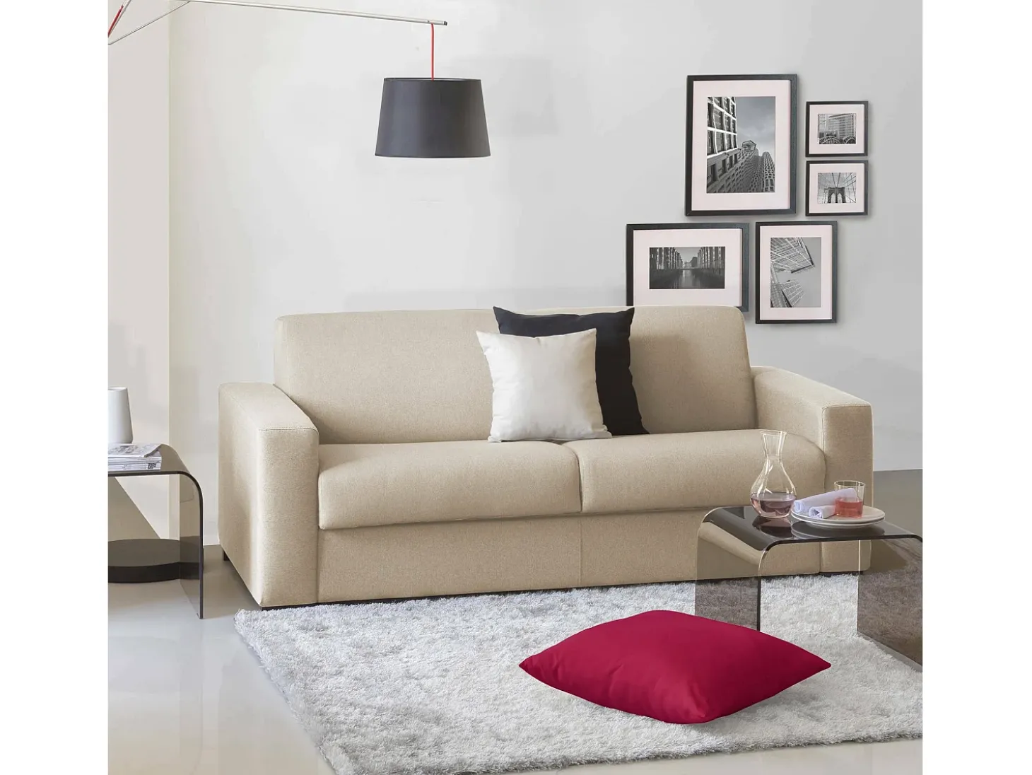 Sofá-cama Daaze, sofá de 2 lugares, 100% Fabricado na Itália, Sofá da sala com abertura giratória, em tecido acolchoado, com braços padrão, 180x95h90 cm, Bege
