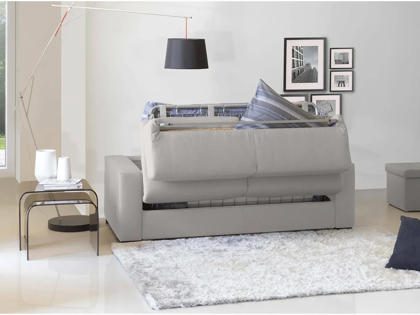Sofá-cama Dabagn, Sofá grande de 2 lugare, 100% Fabricado na Itália, Sofá da ala com abertura giratória, em tecido acolchoado, com braço padrão, 200x95h90 cm, Cinza