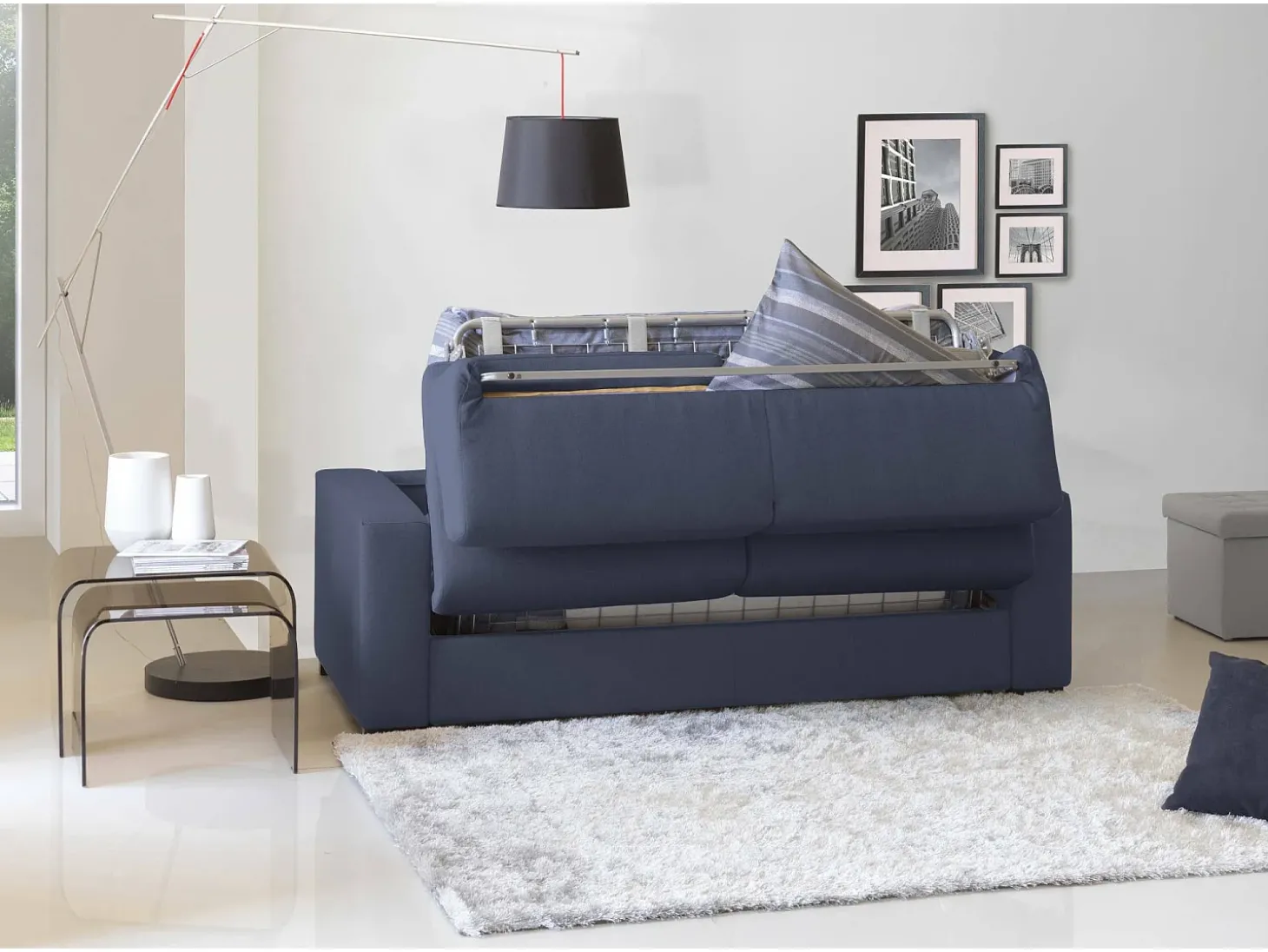 Sofá-cama Dabaida, Sofá grande de 2 lugare, 100% Fabricado na Itália, Sofá da ala com abertura giratória, em tecido acolchoado, com braço fino, 180x95h90 cm, Azul