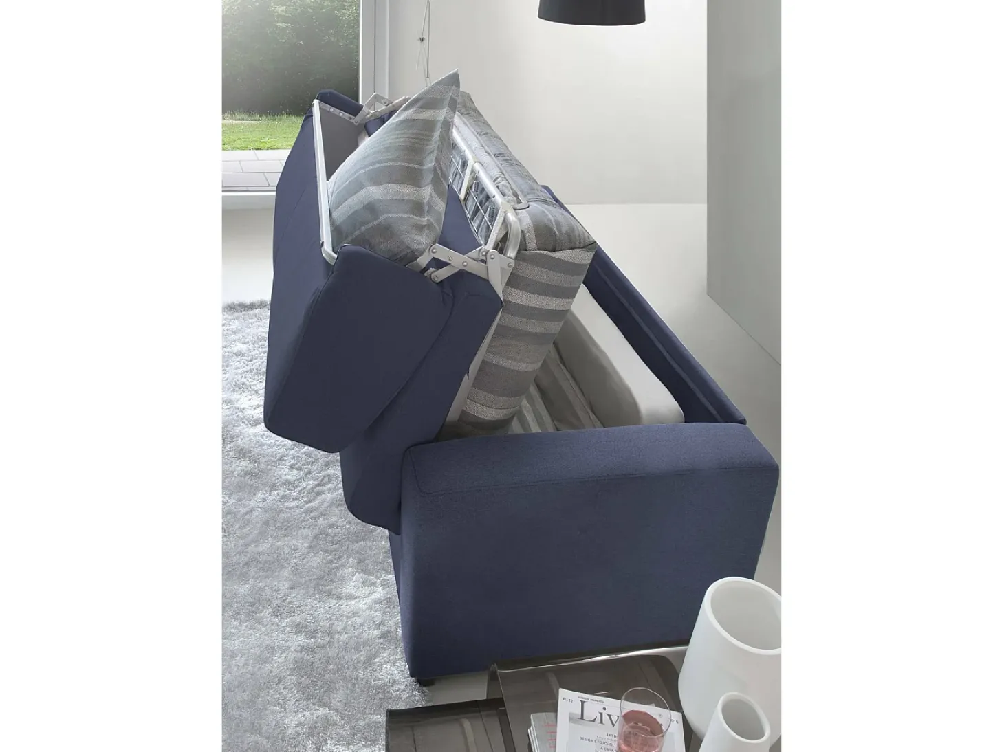 Sofá-cama Dabaida, Sofá grande de 2 lugare, 100% Fabricado na Itália, Sofá da ala com abertura giratória, em tecido acolchoado, com braço fino, 180x95h90 cm, Azul
