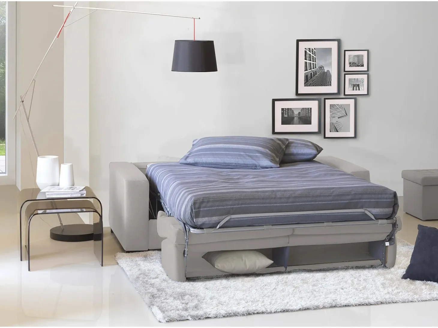 Sofá-cama Dabakah, sofá de 3 lugares, 100% Fabricado na Itália, Sofá da sala com abertura giratória, em tecido acolchoado, com braços finos, 200x95h90 cm, Cinza