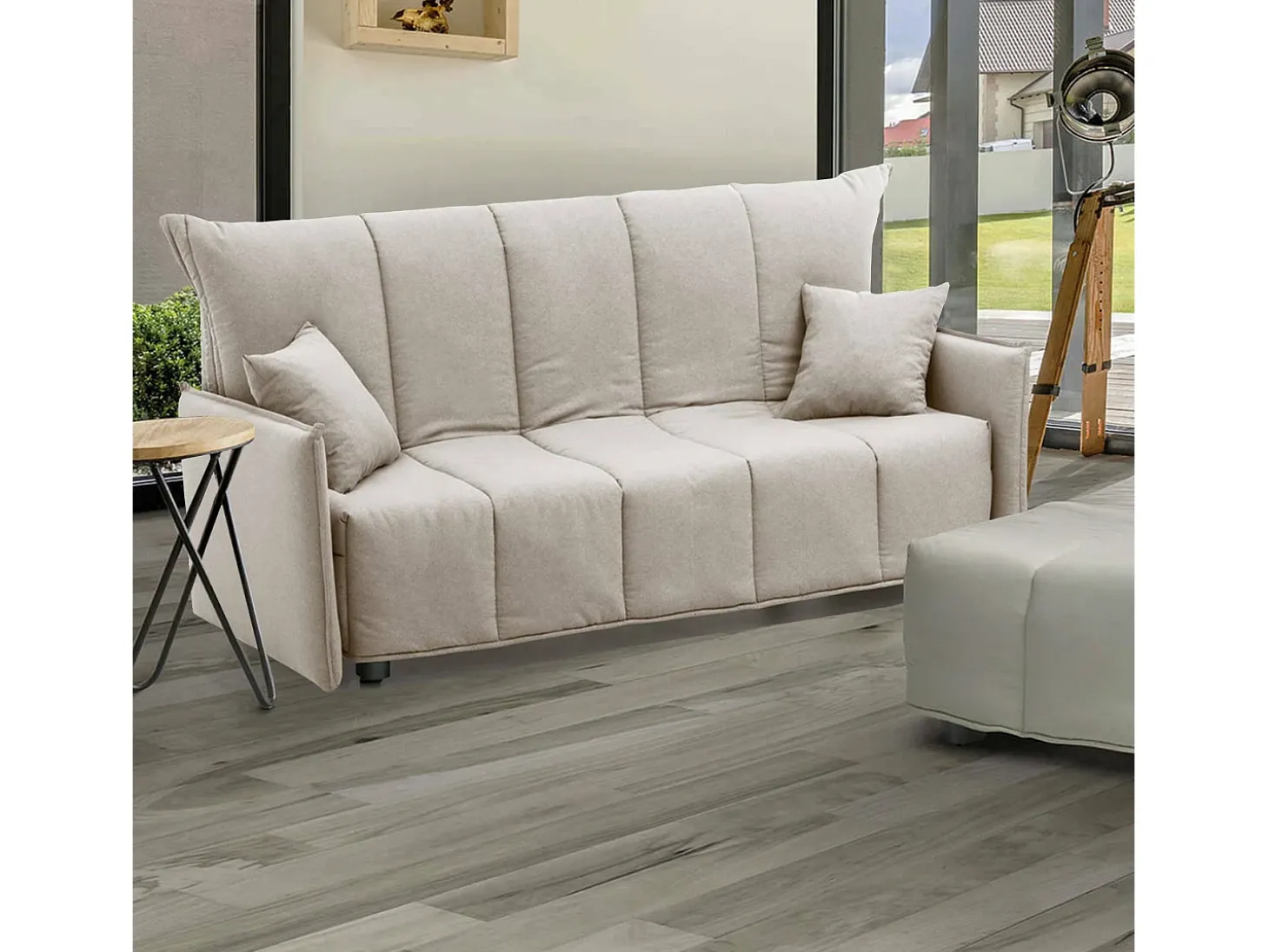 Sofá-cama Dabali, sofá de 2 lugares, 100% Fabricado na Itália, Sofá da sala com abertura para carrinho, em tecido acolchoado, com braços padrão, 150x90h85 cm, Bege