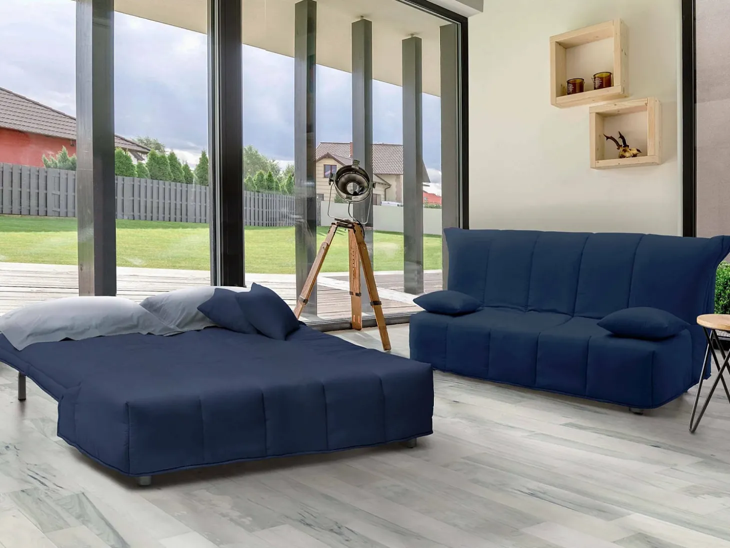 Sofá-cama Dabam, ofá de 3 lugare, 100% Fabricado na Itália, Sofá da ala com abertura para carrinho, em tecido acolchoado, com almofada incluída, 165x90h85 cm, Azul