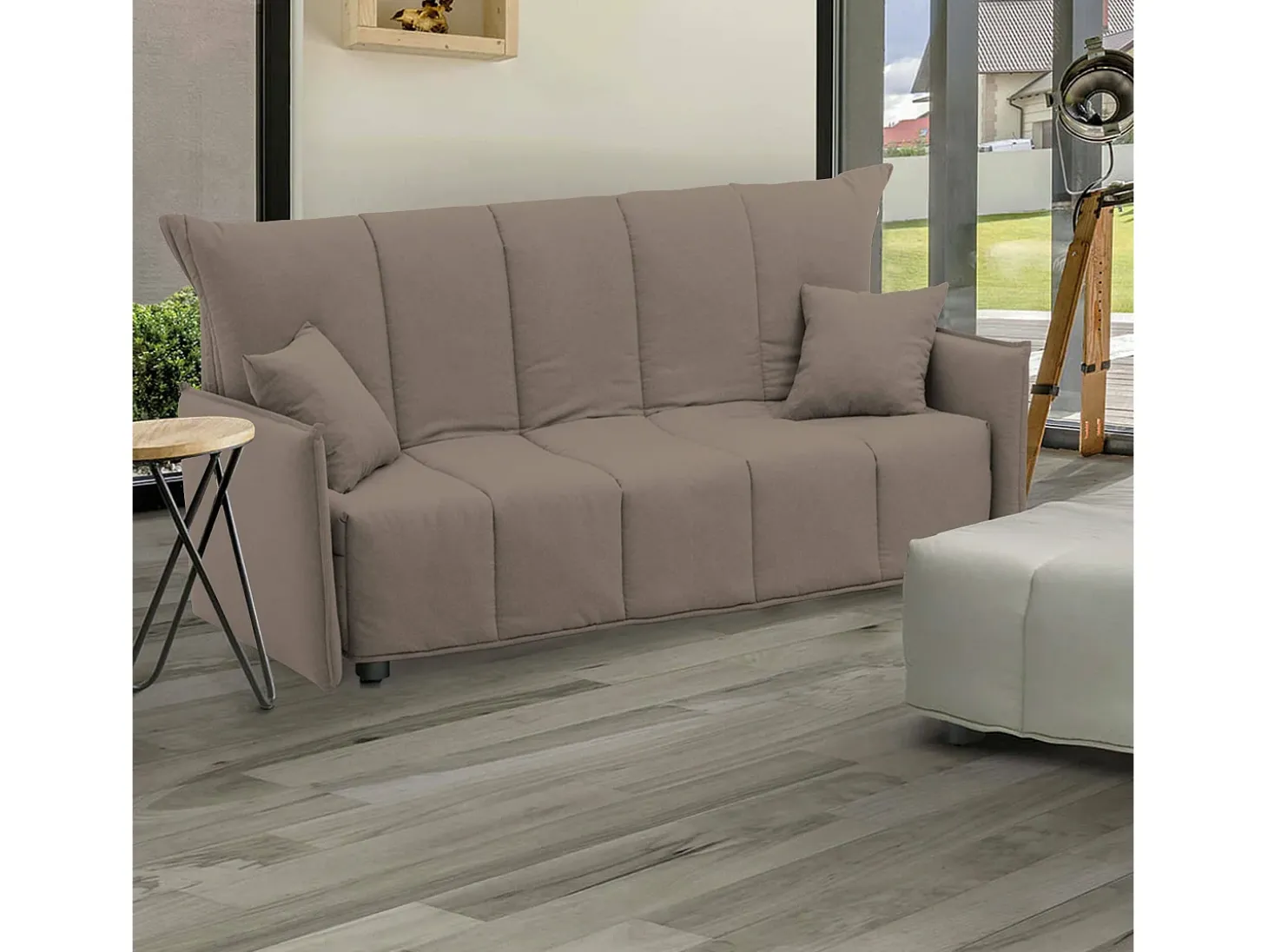 Sofá-cama Dabarc, sofá de 3 lugares, 100% Fabricado na Itália, Sofá da sala com abertura para carrinho, em tecido acolchoado, com braços padrão, 190x90h85 cm, Taupe